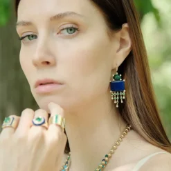 Lapis Opal Emerald Diamond Earrings