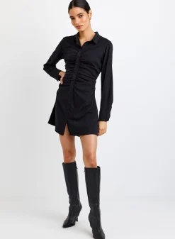 Long Sleeve Shirred Shirt Dress
