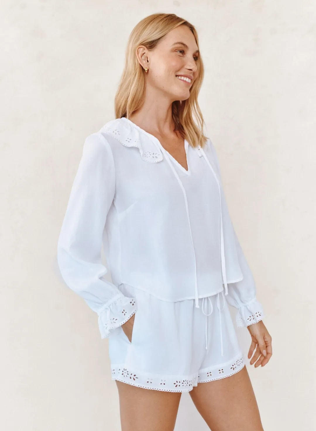 Long Sleeve Tie Neck Ruffle Top