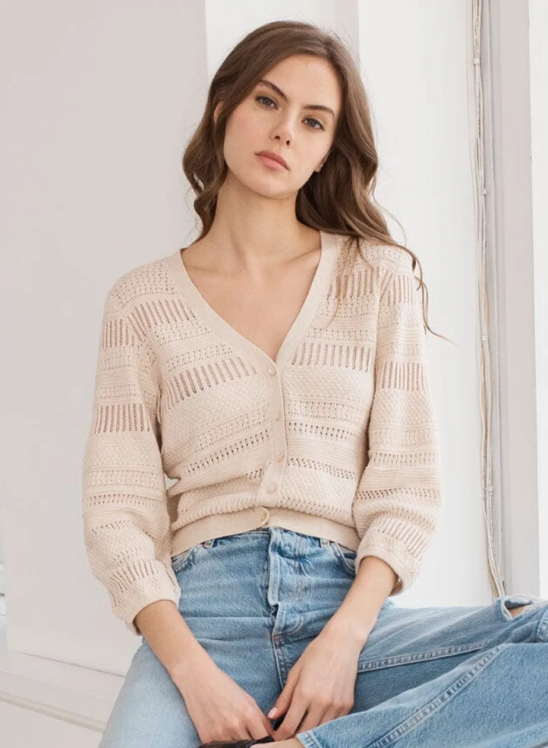 Pointelle 3/4 Puff Sleeve Cardigan